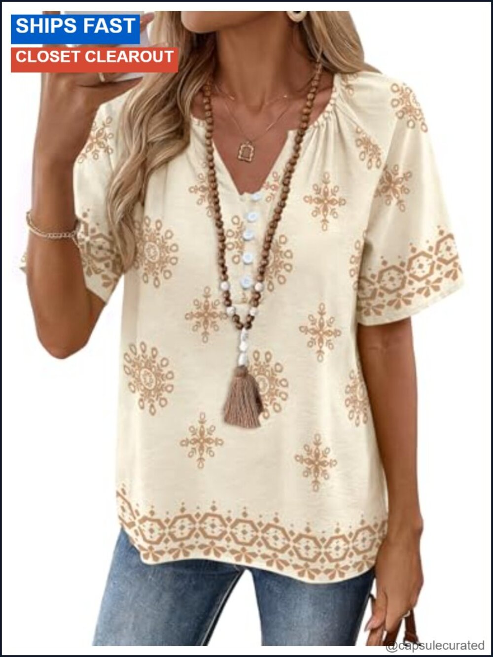 Women's Boho Peasant Blouse Short Sleeve V-Neck Cotton Blend Button Down